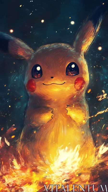 Pikachu surrounded by intense fire and electric energy.