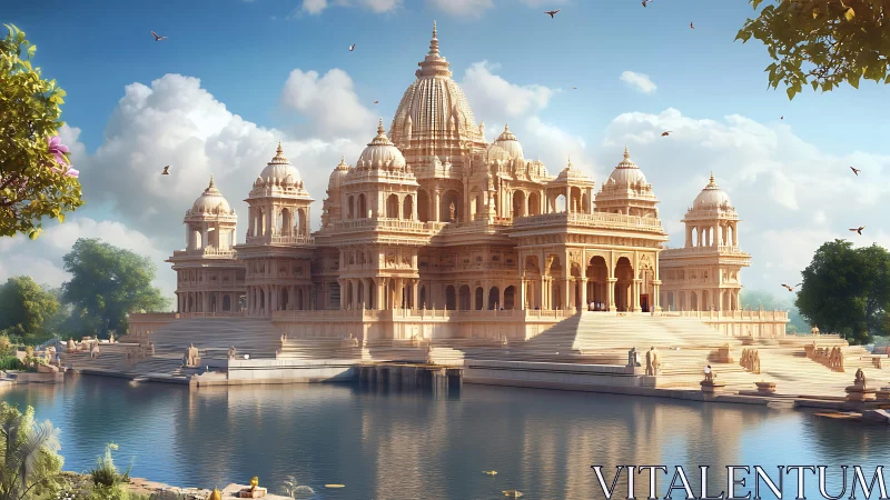 Digital render depicts large domed sandstone temple complex