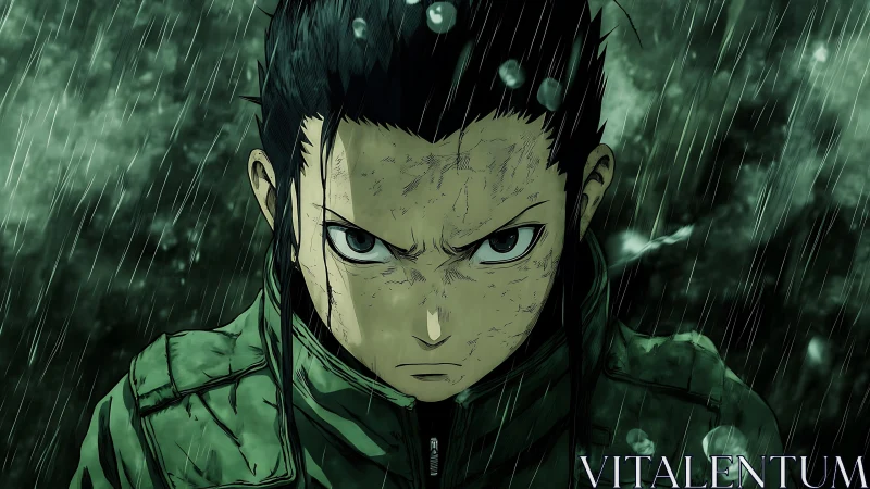 Determined anime soldier stares forward under heavy rain