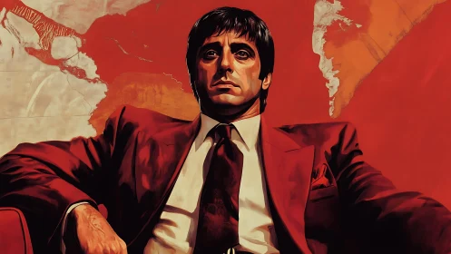 Bold crimson portrait of a stoic man against vivid map.