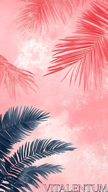 Sunlit coral sky with dreamy blue and blush palm leaves.