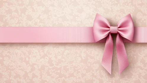 Pink Silk Ribbon Bow on Ornamental Damask Textured Background.