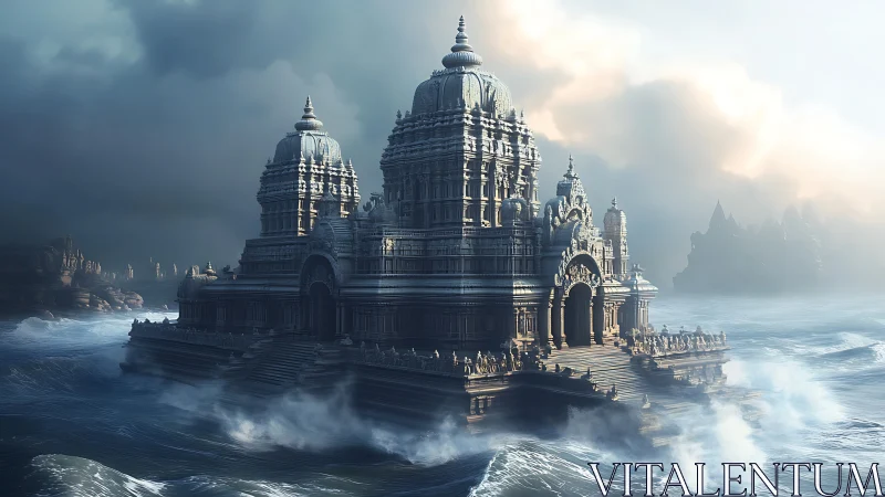Storm-lit ocean temple rising through crashing waves.