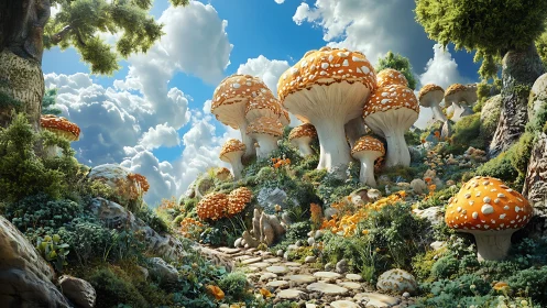 Giant orange mushrooms forming a fantasy forest path.