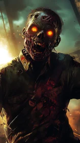Glowing-eyed zombie soldier advances through burning battlefield