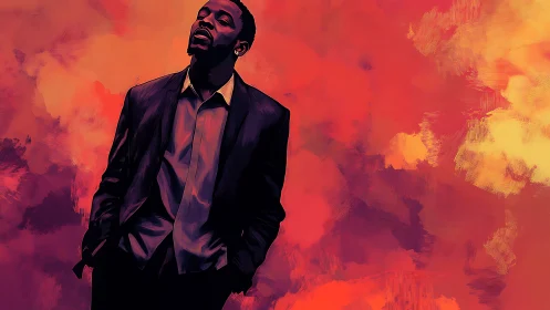 Digital painting portrait against fiery abstract cloudfield.