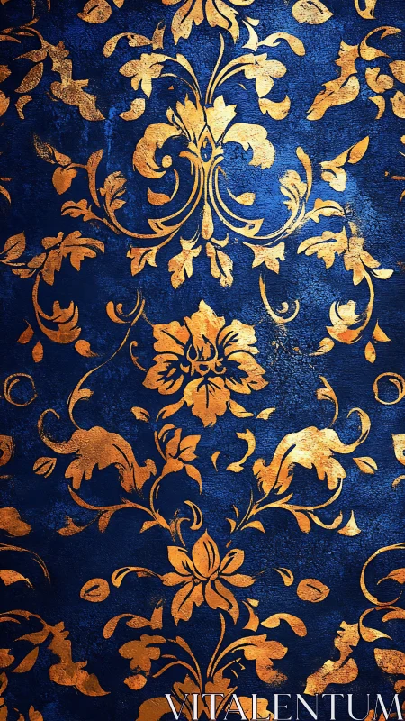 Gold damask floral pattern over deep textured blue background.