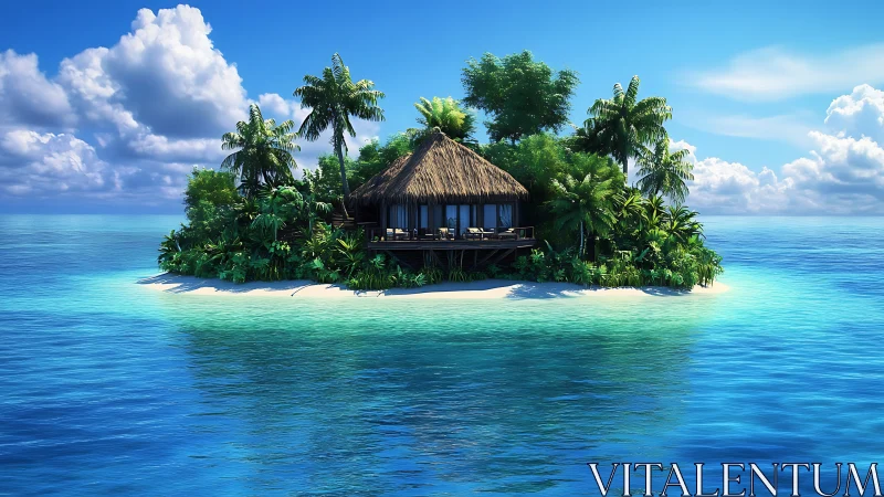 Tropical Island Resort with Thatched Pavilion in Crystalline Turquoise Lagoon.