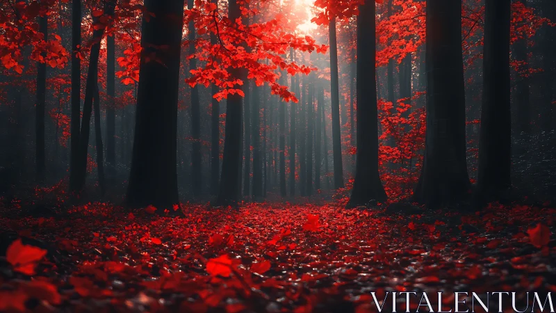 Crimson Forest Path. Autumn's Deep Red Canopy.
