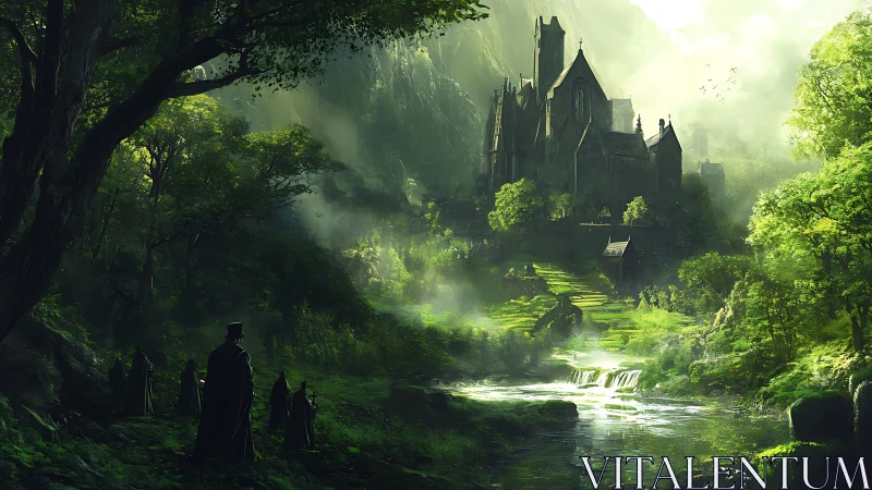 Gothic stone abbey amid dense forest and river valley.