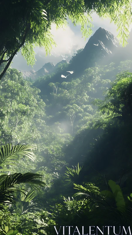 Misty Mountain Valley Framed by Tropical Foliage.