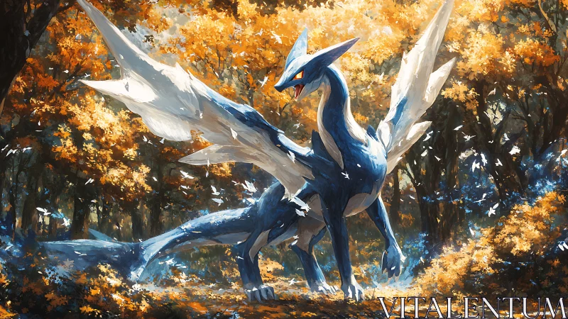 Autumn-winged crystal dragon prowls a burning gold forest.