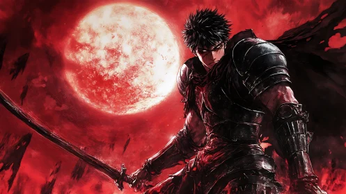 Armored swordsman under blood-red moon in high-contrast anime rendering