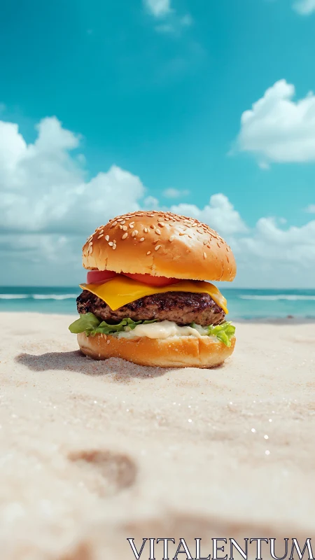 Cheeseburger on sandy beach under bright blue sky.