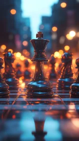 Glow-lit chess king standing tall in a dreamy city board.