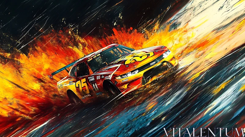 Flaming stock car surges through explosive abstract color