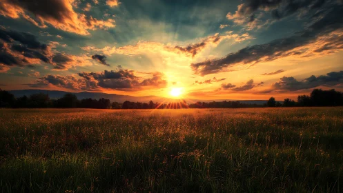 Low-angle meadow sunset with volumetric rays and warm grading