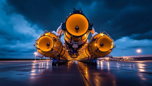 Stormlit rocket engines brood over a mirror-slick launchway