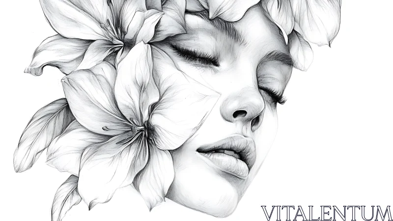 Female face merges with magnolia blossoms in pencil