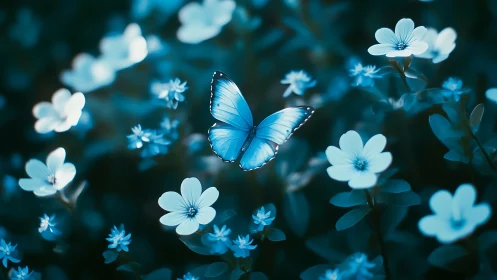 Blue butterfly is centered among softly focused white flowers