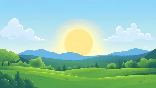 Soft sunrise glows over rolling green hills and distant mountains