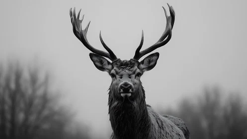 Stag with large antlers in foggy monochrome landscape.