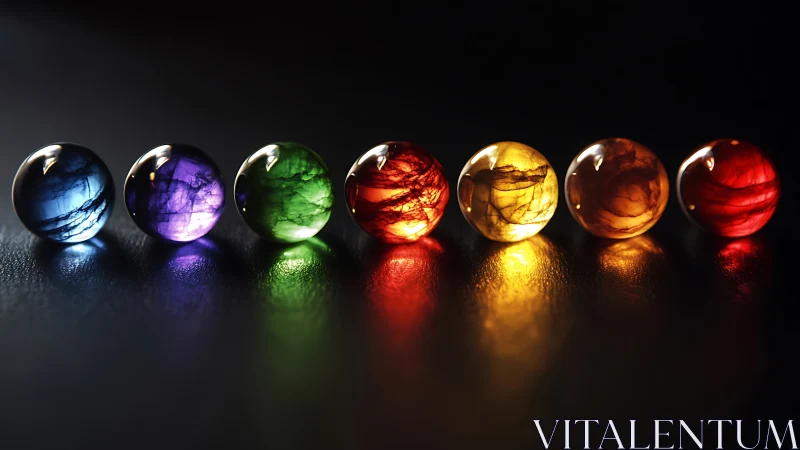 Glowing gemstone spheres cast a vibrant spectrum across darkness