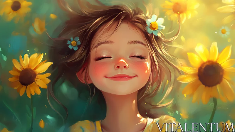 Sunlit girl smiles peacefully amid glowing summer sunflowers