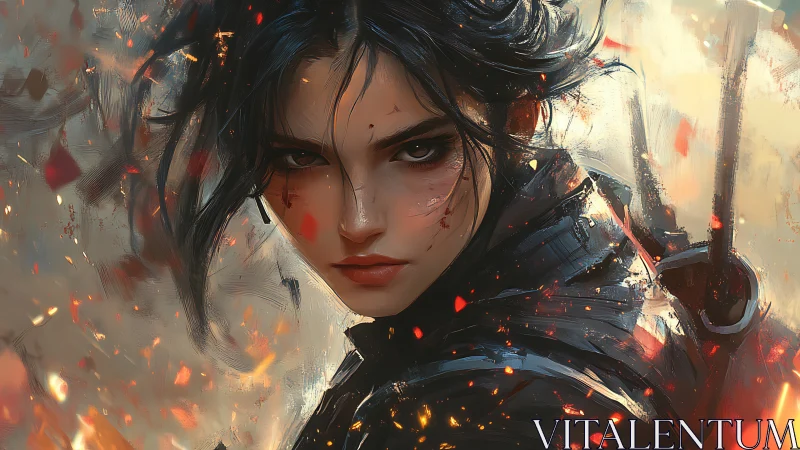 Digital painting portrait of fierce warrior amid embers.