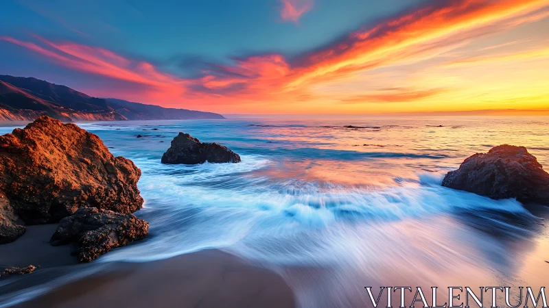 Sunset waves roll gently between glowing coastal rocks