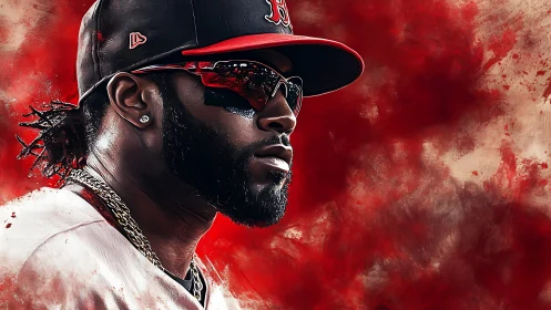 Side profile of baseball player in red uniform against abstract