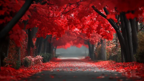 Tree-lined pathway is covered with dense red autumn foliage