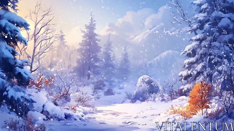 Winter forest clearing under pastel dawn snowfall glow.