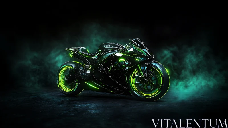 Cyberpunk superbike with neon green glow on dark stage.