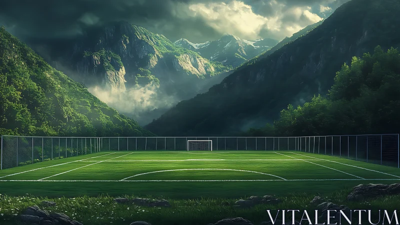 Mountain valley football pitch under dramatic volumetric lighting