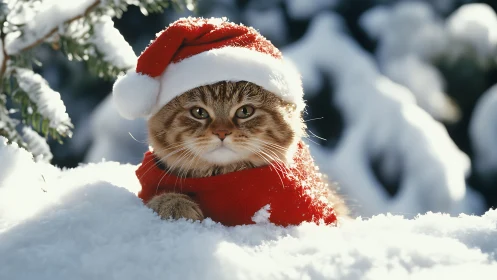 Tabby kitten in Santa outfit on fresh winter snow.