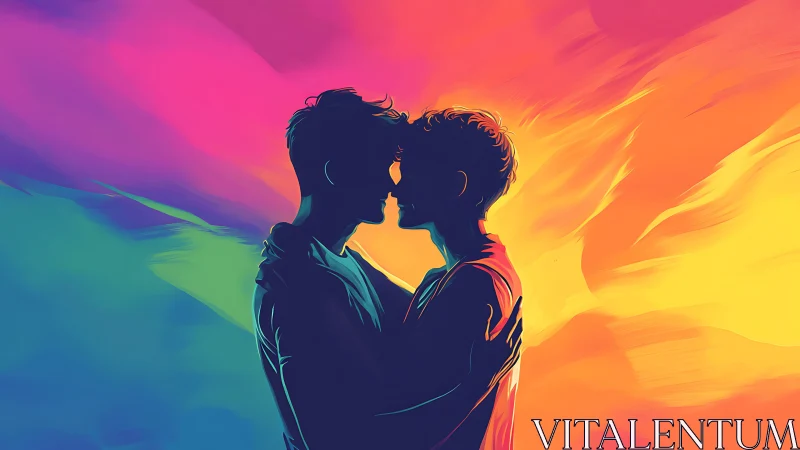 Two Silhouettes Ablaze Where Rainbow Passion Ignites the Twilight