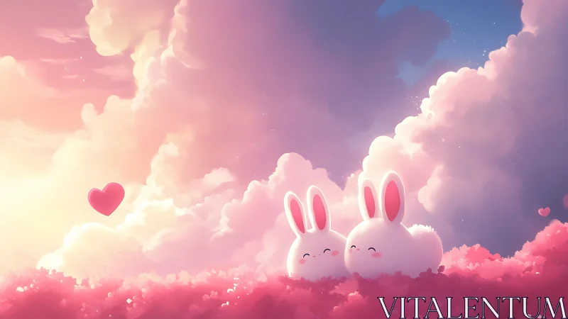 Cartoon rabbits in pink clouds under heart-shaped balloon.