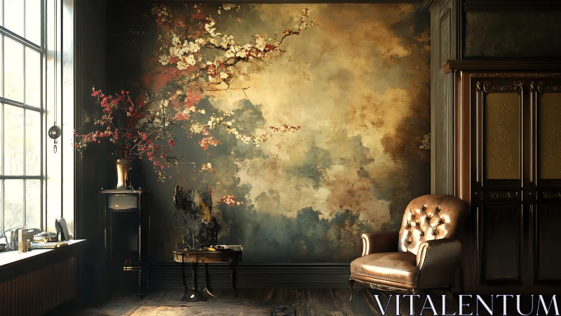 Sunlit leather armchair before mural of abstract flowering branches