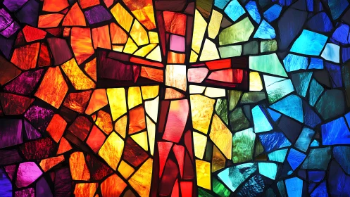 Radiant stained glass cross in fragmented chromatic spectrum.