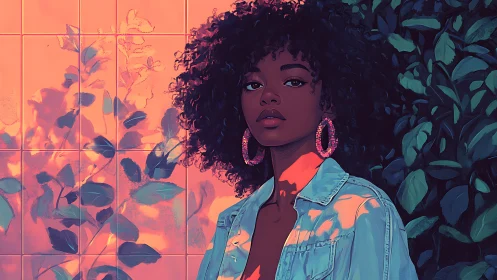 Sunlit portrait of woman with curls in high contrast neon foliage