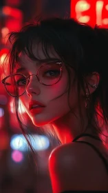 Neon backlit portrait uses shallow depth, glossy shaders, and rim light