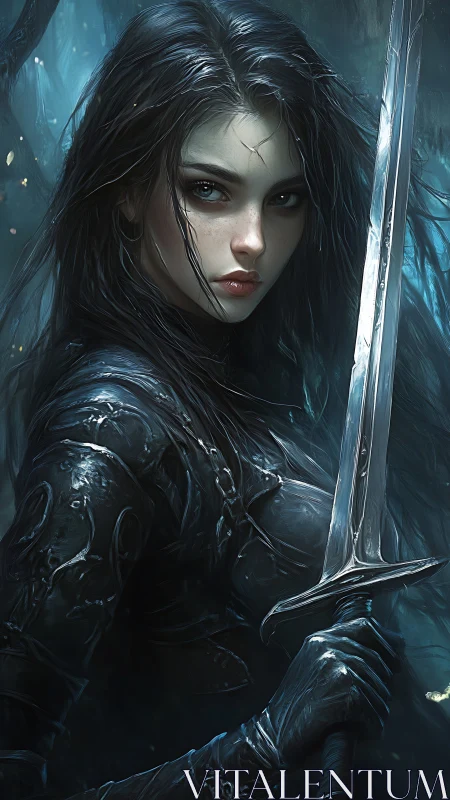 Dark-haired warrior grips reflective sword in misted forest