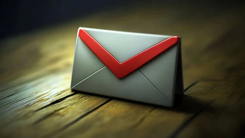 White Envelope with Red Checkmark on Wooden Surface