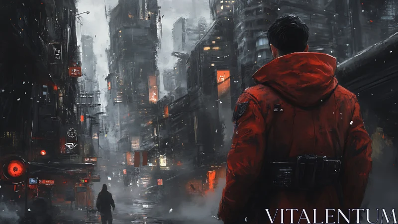 Wanderer in a neon city mist, wrapped in a red coat.
