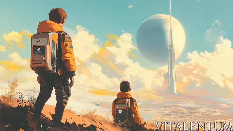 Two explorers study orbital tower beneath massive gas giant