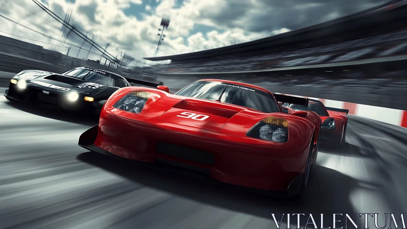 Red and black race cars on curved track under cloudy sky.