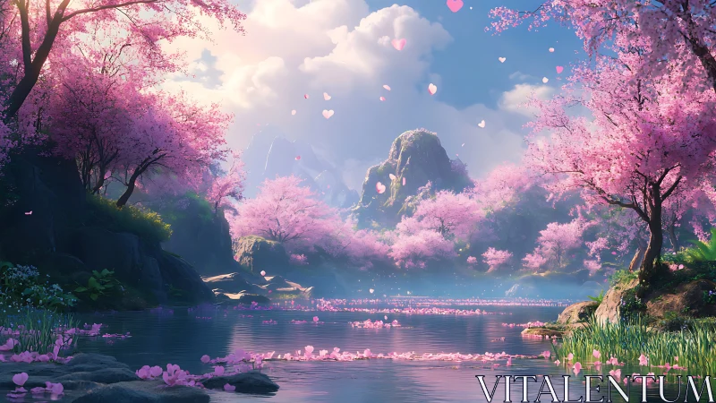 Blossom clouds drift as a pink river dreams toward mountains