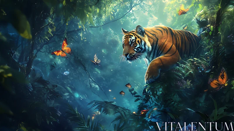 Tiger moves through dense jungle foliage among floating butterflies