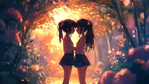 Two close friends sharing a sunset moment in bloom.